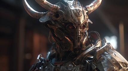 science fiction robot knight horned, digital art illustration, generative ai