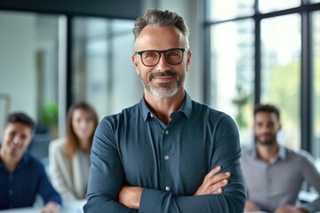 Smiling confident mature businessman looking at camera standing in office. Elegant stylish corporate leader successful ceo executive manager wearing glasses. Generative ai