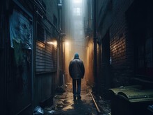 An Atmospheric Image Of A Person Standing In A Dense Foggy Alleyway Taken With A 35mm Lens No Text P