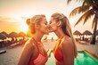 Young blonde lesbian couple kissing at the beach. Generative AI	