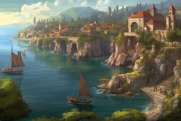 Wall Mural - a picture of a castle perched on the edge of a cliff with a view of a body of water Generative AI