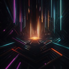 Wall Mural - Dark abstract space with colorful geometric light strips. generative AI