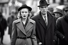 Attractive Couple Walking In The City In 1945-1955. Monochromatic Vintage. Generative AI