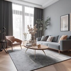 Canvas Print - Interior of bright living room with cozy grey sofa, armchair and coffee table. generative ai