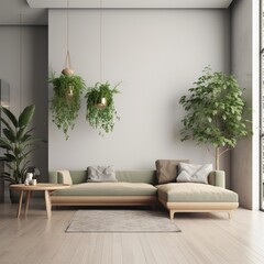 Canvas Print - Modern room design, plants and sofa furniture, minimalist decor. generative AI