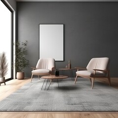 Poster - Interior design of a loft with a leather recliner against a dark cement wall. Minimalist living room with chair, coffee table and carpet. generative ai