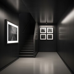 Wall Mural - Picture of a mock-up of a black, empty photo frame hanging in a gallery with spotlights shining on the building work. generative AI