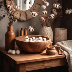 Wall Mural - Close-up of a wooden table, desk, or shelf with ceramic vases filled with cotton flowers in a bathroom with a wooden wash basin. generative AI