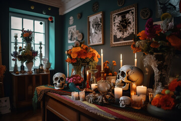 Wall Mural - A table topped with candles and skulls on top of a table. AI generative.