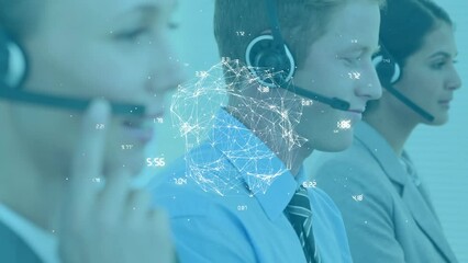 Poster - Animation of globe with data processing over diverse business people using phone headsets