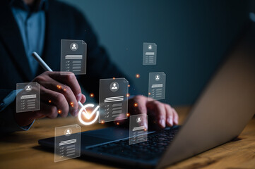 Poster - Customer Relationship Management, Businessman use tools with global structure customer network technology, Data exchanges development. Customer service, social media. Digital marketing online.