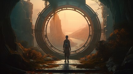 Wall Mural - traveler with portal, digital art illustration, generative ai
