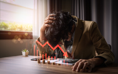 Wall Mural - Economic collapse concept, businessman with falling financial graph chart due to global recession. Stock market crash, inflation, financial crisis, Falling income in GDP, capital reduction, loss of