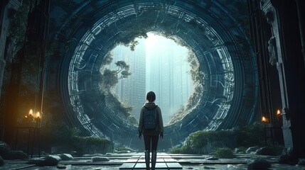 Wall Mural - traveler with portal, digital art illustration, generative ai