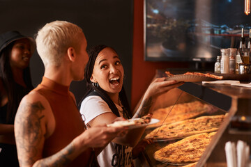 Aufkleber - We need our pizza fix. friends having pizza at a cafe together.