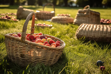 Wall Mural - In the fruit basket on the garden grass, fresh fruits are placed in the basket