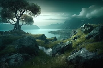 Wall Mural - a picture of a tree perched on the edge of some rocks Generative AI