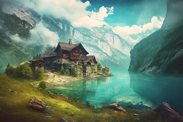 Wall Mural - a picture shows a home perched on its own little island in the midst of a body of water Generative AI