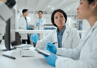 Wall Mural - what do you think. two scientists helping one another in the lab.