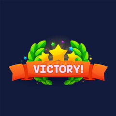 Game victory sign, banner or popup window. Vector award badge with golden stars, laurel wreath and red ribbon. Winner celebratory achievement reward, appreciation emblem, success celebration label