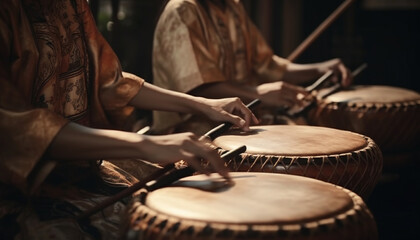 Men and women playing percussion instruments indoors generated by AI