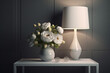 © PETR BABKIN - table with a lamp and flowers on it. Generative Ai
