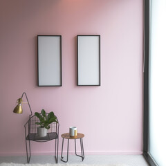 two empty white posters on a pink wall with a plant on the table. Generative Ai