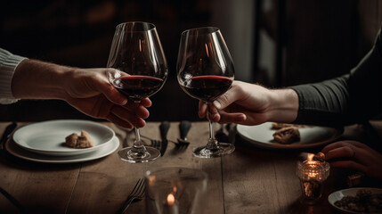 romantic evening, two people hold glasses of wine at a table in a restaurant. Generative Ai