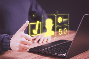 Poster - Customer man are touching the virtual screen on the happy smile face icon to give satisfaction in service. Opinion rating very impressed. Assessment testimonial customer service and feedback concept.