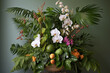 Tropical floral shrubs with Monstera and ferns are stacked and arranged into floral decorations. AI generative