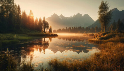 Canvas Print - Majestic mountain range reflects in tranquil pond generated by AI