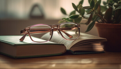 Reading glasses on old book, gaining wisdom generated by AI