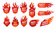 © Vector Tradition - Hot price deal promotion labels with fire flames. Isolated vector tags for discounted items, retail promotions or clearance sales. Badges or icons with red burning blaze tongues, special offer promo