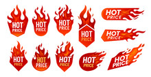 Hot Price Deal Promotion Labels With Fire Flames. Isolated Vector Tags For Discounted Items, Retail Promotions Or Clearance Sales. Badges Or Icons With Red Burning Blaze Tongues, Special Offer Promo