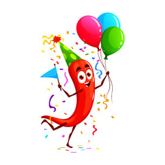 Wall Mural - Cartoon funny chili pepper vegetable character on birthday, anniversary holiday. Birthday celebration happy veggie character, anniversary holiday cheerful vegetable vector personage with balloons