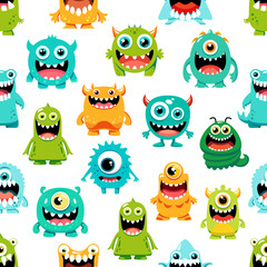 Wall Mural - Cartoon monster characters seamless pattern. Vector repeated background with cute comic mutants, halloween personages, joyful goblins, devils, ugly aliens, kawaii smiling creatures wallpaper decor