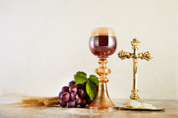 Canvas Print - Communion Still life with chalice of wine and bread