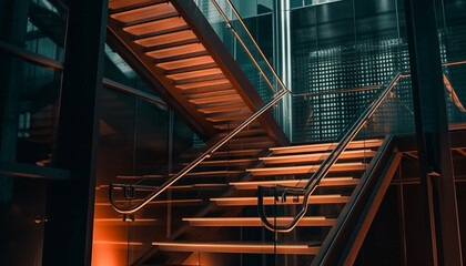 Poster - Futuristic metal staircase reflects blue city lights generated by AI