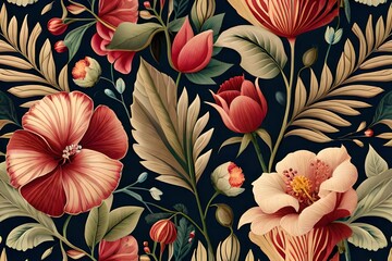  Beautiful background with hibiscus flowers and leaves Generative AI