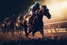 Horse Race. Galloping Stallions With Abstract Color Background. Equestrian Jockey On Horseback. 