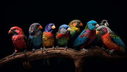 Poster - Vibrant macaws perching on branch in rainforest generated by AI