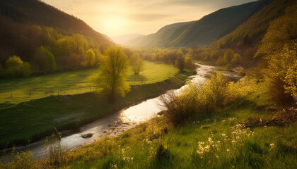 Poster - Mountain range, tranquil scene, sunrise, idyllic beauty generated by AI