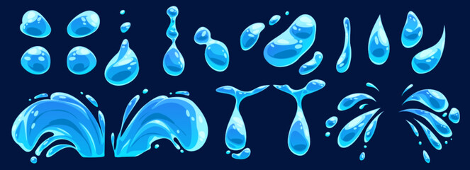 Wall Mural - cartoon set of water drops and splashes isolated on black background. vector illustration of blue ra