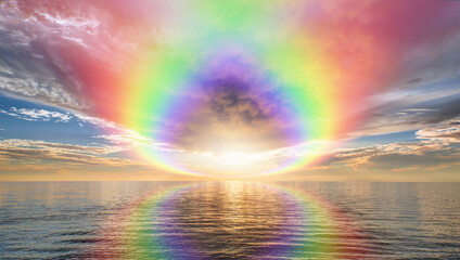 Fototapete - Aerial view of calm sea before storm with amazing strange rainbow at sunset   