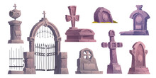 Cartoon Set Of Old Cemetery Design Elements Isolated On White Background. Vector Illustration Of Gothic Stone Tombs, Cracked Ancient Crosses, Graveyard Gate. Scary Haunted Place. Halloween Decor