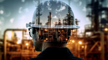 Double Exposure Of Engineer In Safety Helmet With Oil Plant. Generative AI