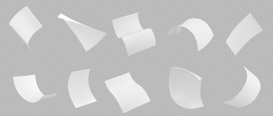 3d isolated fly white paper sheet. Fall document page on transparent background in vector. Realistic office paperwork piece set falling down. Bent and curl A4 scatter away on wind mockup clipart