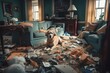 © marikova - A playful dog made a mess in the house. Generative AI