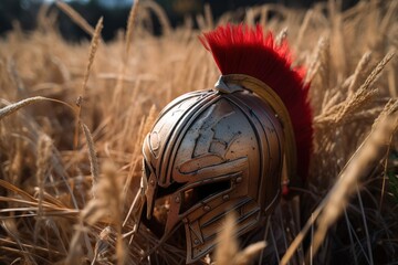 Helmet of a Spartan warrior in the field after the battle. Generative AI