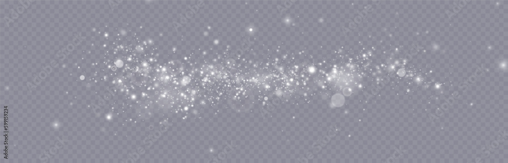 Particles of white magic dust. Shining light particles.Christmas glitter particles. Light effect on a transparent background
